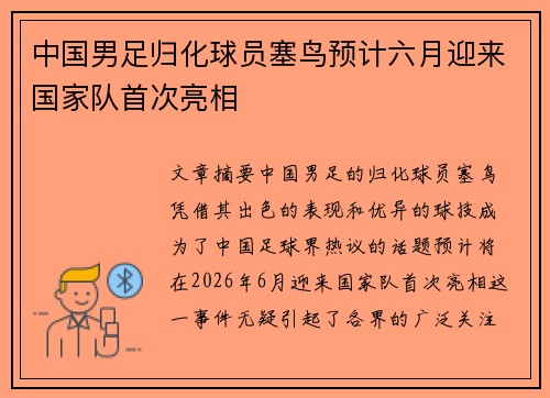 中国男足归化球员塞鸟预计六月迎来国家队首次亮相